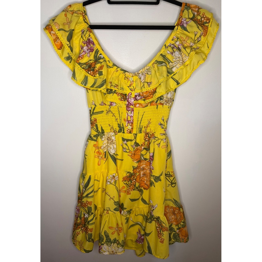 Day + Moon Yellow Floral Ruffle Mini Dress Smocked Waist Cutout Back G6957UBG M